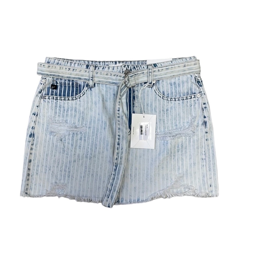 KanCan NWT Jean Skirt Estilo Stripe Mini Skirt Faded Denim Blue White Size Large